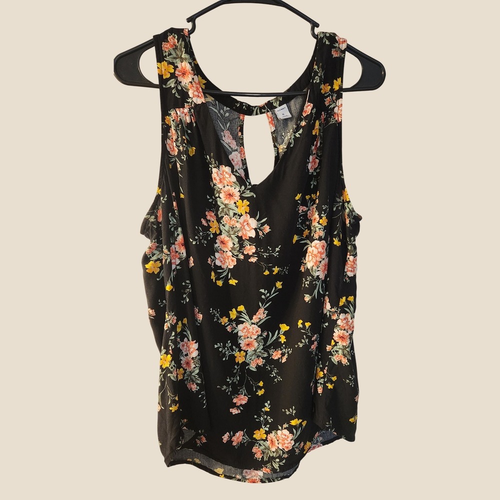 Old Navy Women Black Floral Tank XL Dark Romantic Cottagecore Garden Party